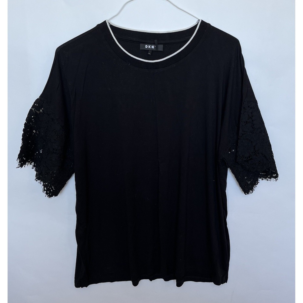 DKNY Top Womens Large Black Lace Short Sleeve Crew Neck Stripe Solid Grannycore